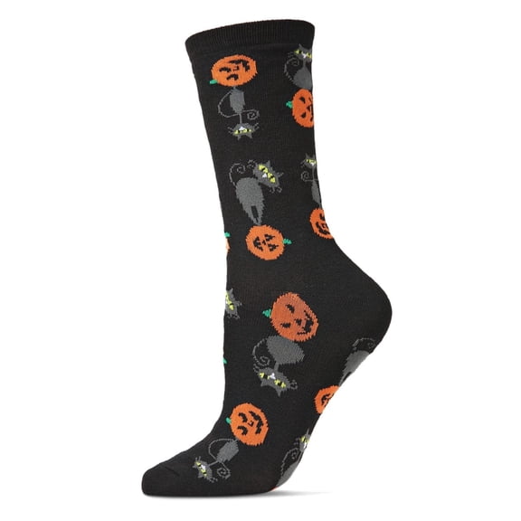 MeMoi Halloween Pumpkin Cat Crew Socks - Womens - Female, 9-11, Black