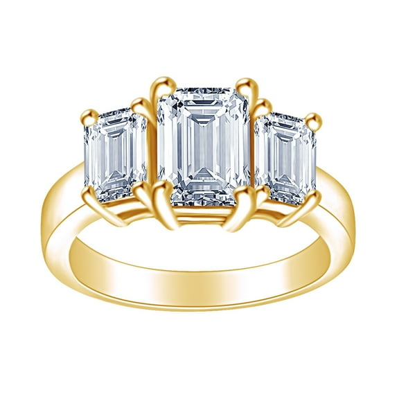 AFFY 1 3/4 Carat Emerald Cut White Natural Diamond Three Stone Engagement Ring In 14k Solid Yellow Gold (1.75 Cttw) Ring Size-9.5
