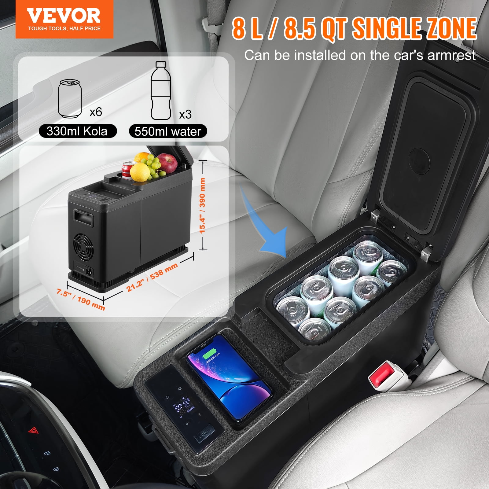 VEVOR Car Refrigerator, 12 Volt Car Armrest Refrigerator Fridge, 8 L Single Zone Portable Freezer, -4℉-68℉ Adjustable Range, 12/24V DC and 100-240V AC Compressor