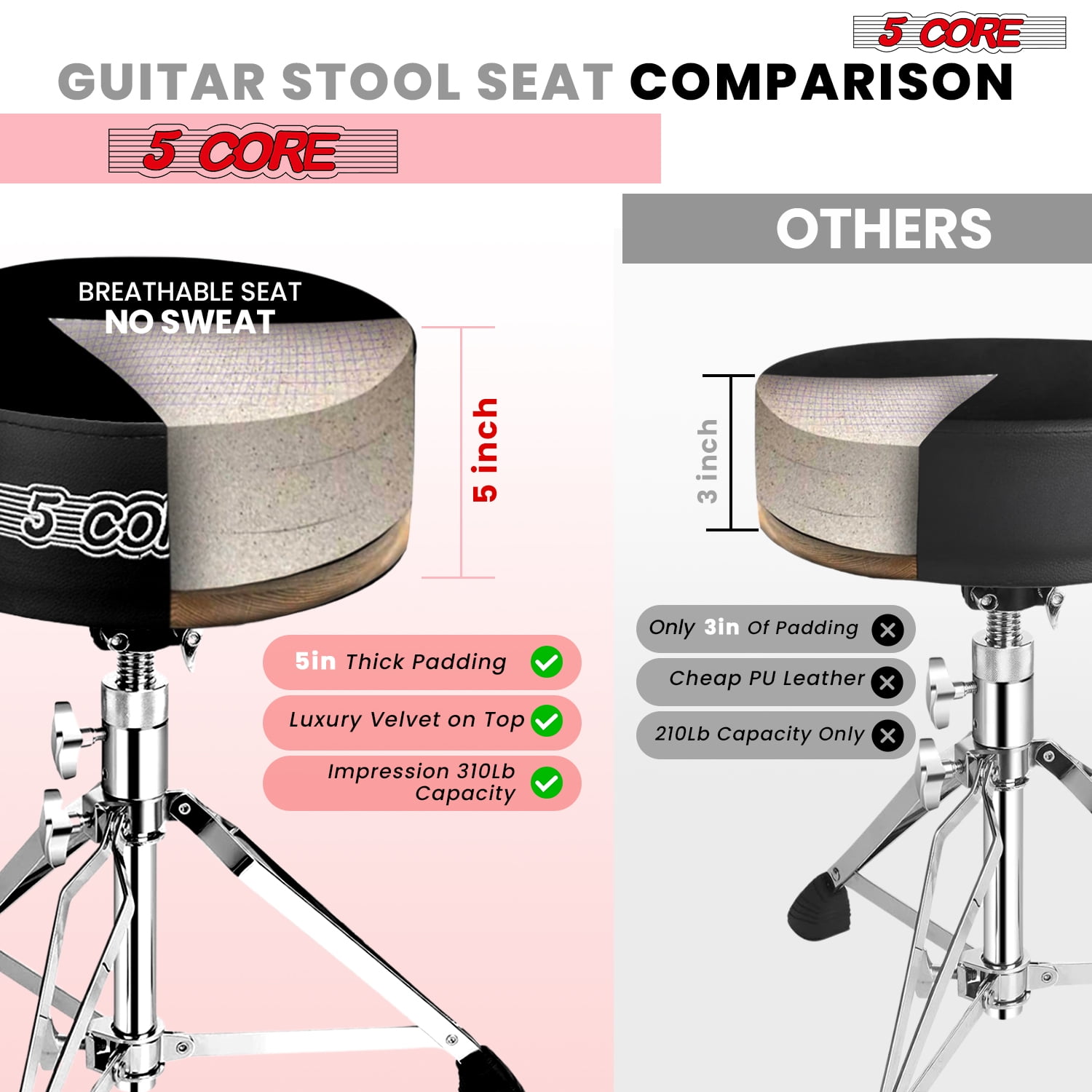 5Core Drum Throne Padded Guitar Stool Swivel Adjustable Drummer Seat Music Chair BLACK VELVET