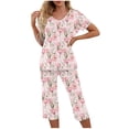 thumbnail image 2 of Taylonsss Womens V Neck Casual Print Short Sleeve Top with Elastic Waist Pocket and Cropped Lounge Pants Sleepwear Set, 2 of 6