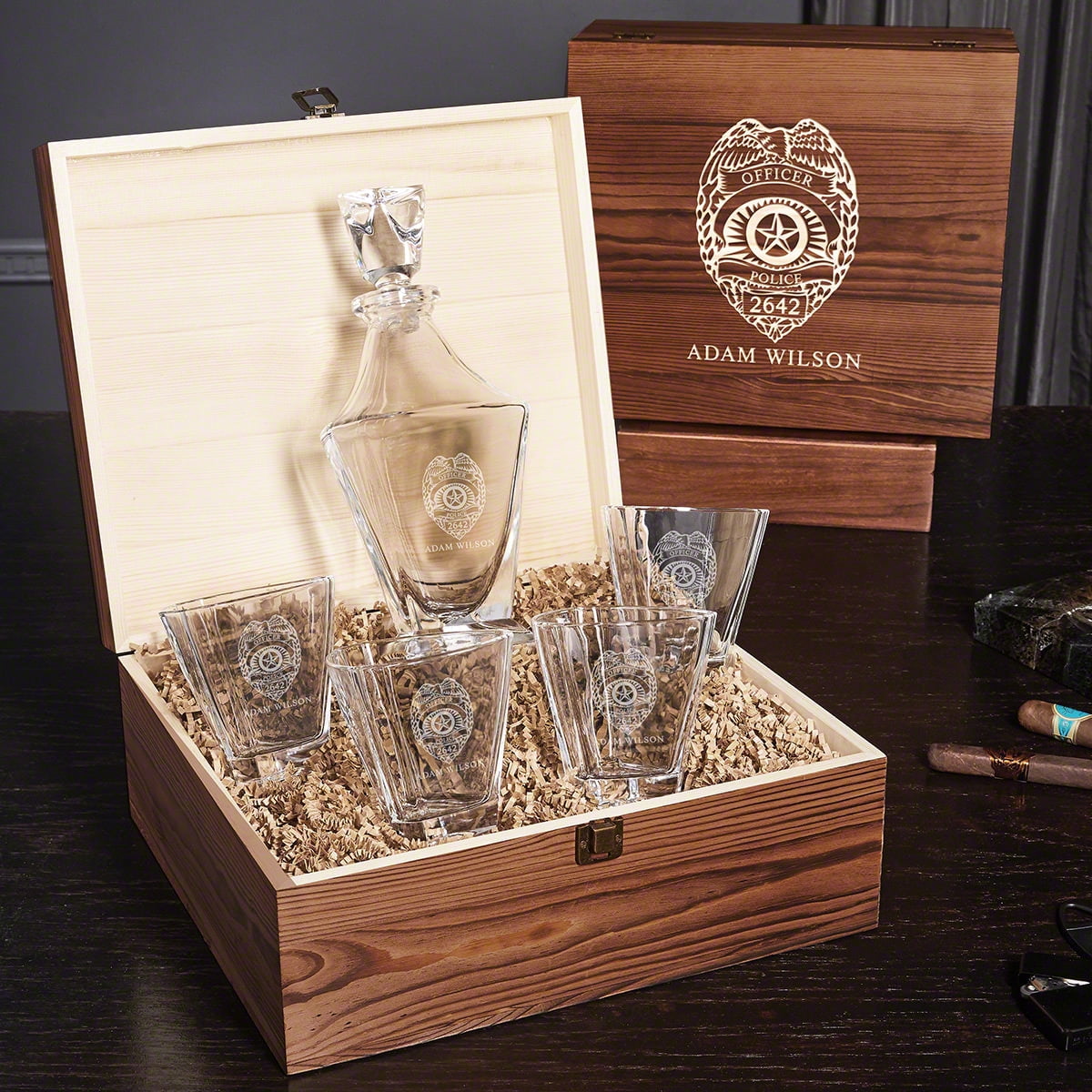 Police Badge Custom Whiskey Decanter and Rocks Glasses Gift Set