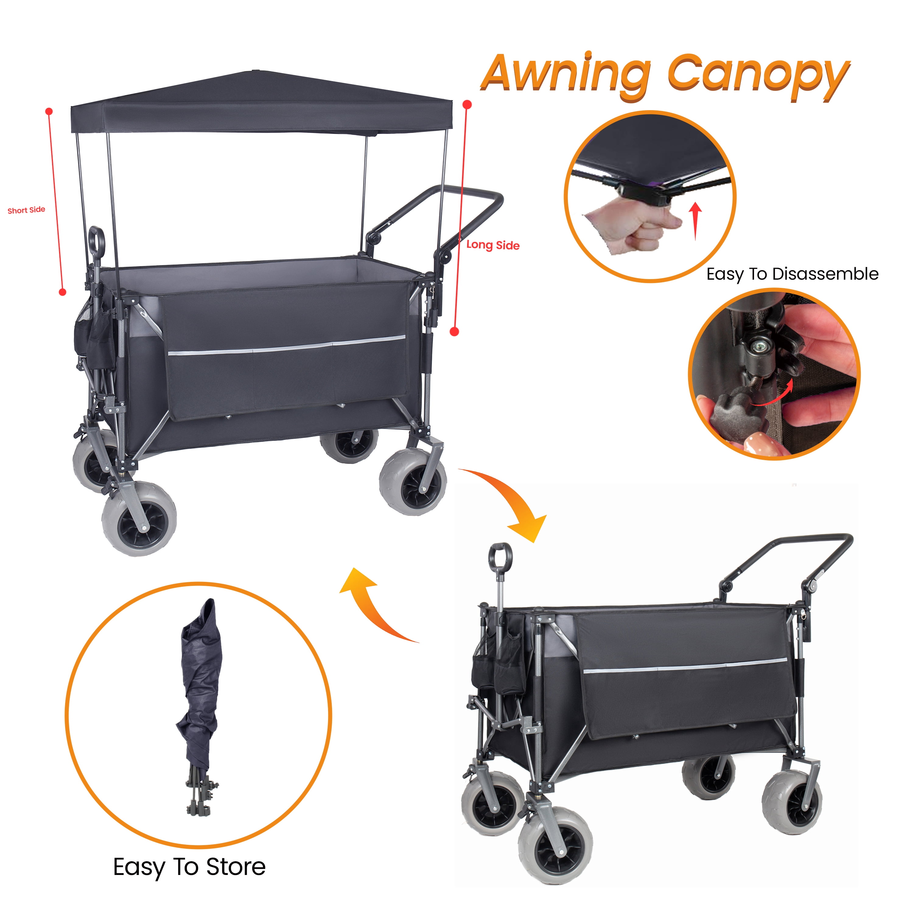 Push-Pull Folding Wagon Cart with Rotating Handle & Canopy, 9"x4" Beach Tires for Camping & Beach, Load Capacity 480lbs, 300L Large Capacity for Transport, Groceries, Outdoor Use
