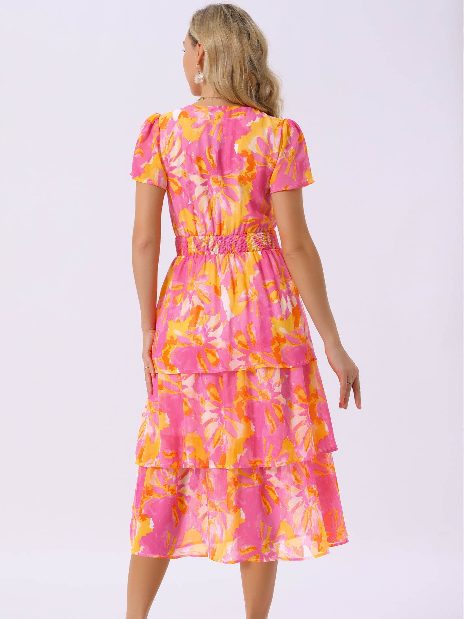 DARING DIVA Floral V Neck Short Sleeve Ruffle Tiered Midi Dress M Hot Pink