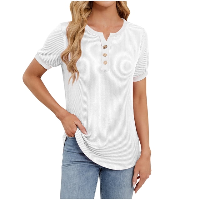 hotojiny Spring Tops for Women Casual Color Block Textured Loose Shirt Trendy Button V Neck Work Business Blouse Summer Clothes
