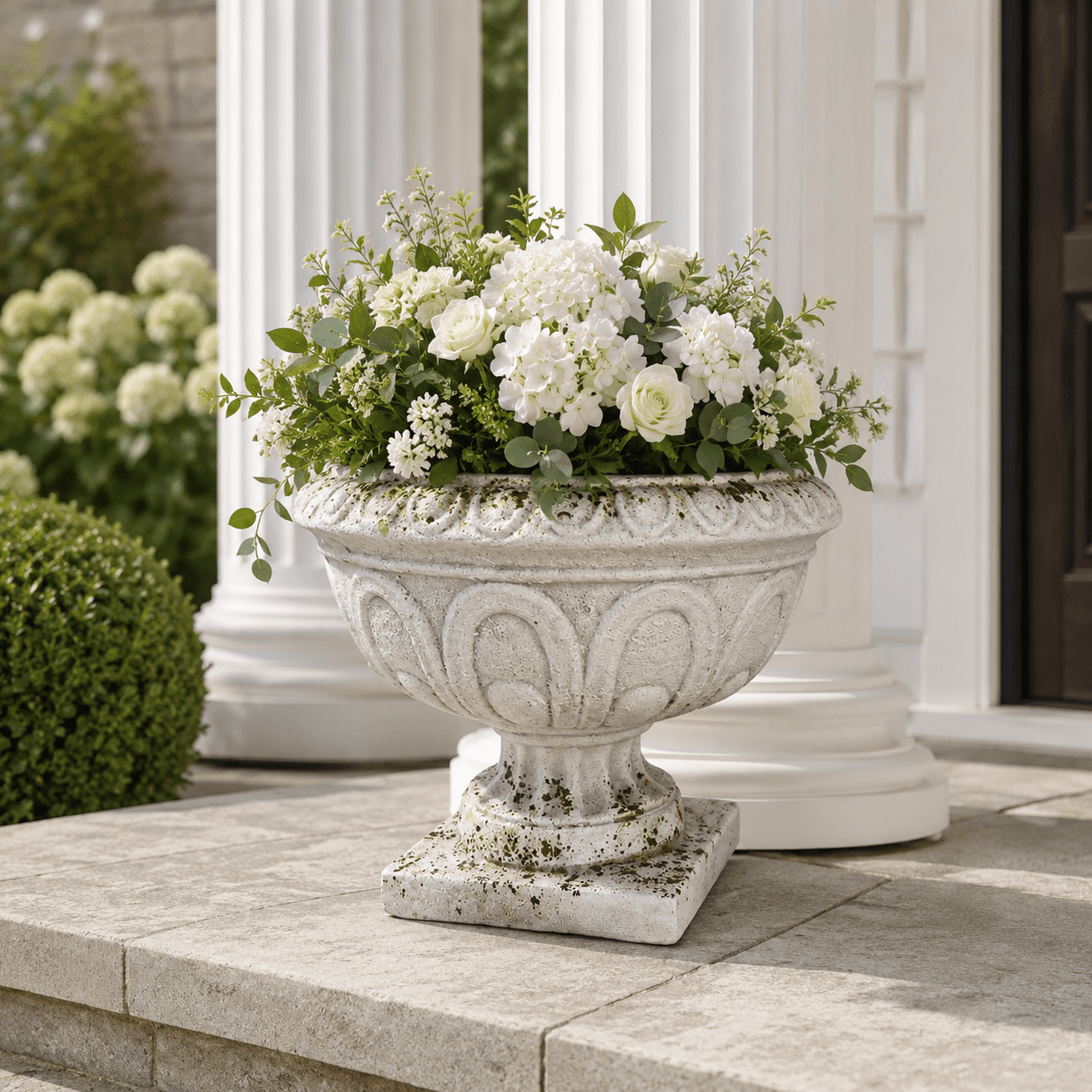 Aukfa Large MGO Garden Urn Planter, Outdoor Tall Decorative Stone-Look Flower Pot with Drainage Hole & Weather-Resistant, White