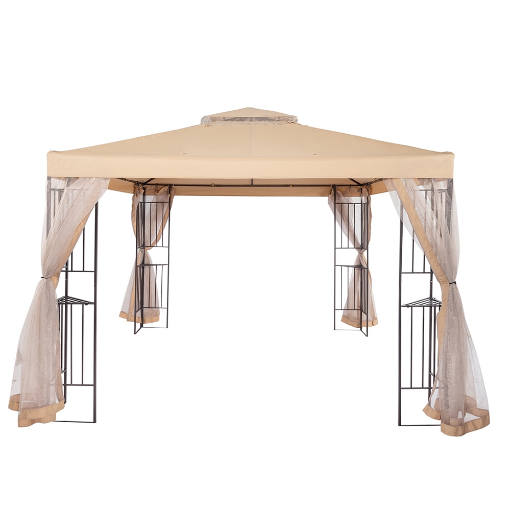 Kepooman 10 x 10 Ft Steel Outdoor Gazebo Canopy with Netting and Solar Double Tier Roof for Parties and Outdoor Activities, Beige Kepooman 10 x 10 Ft Steel Outdoor Gazebo Canopy with Netting and Solar Double Tier Roof for Parties and Outdoor Activities, Beige