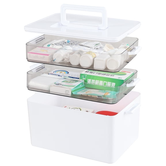 Begale Large Medicine Storage Box, 3-Tier Portable Medicine Cabinet Organizer, Plastic First Aid Kit with Handle, White