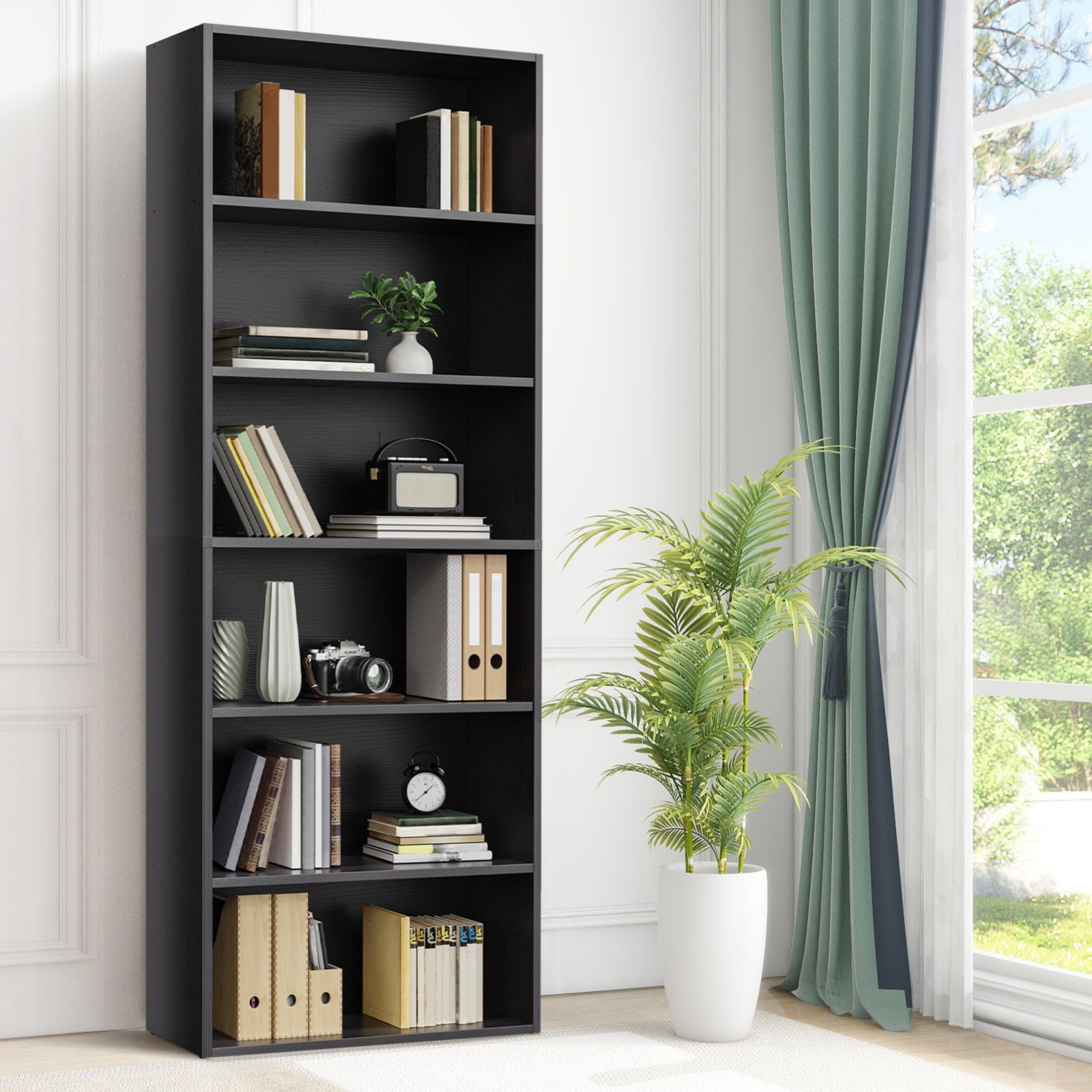JIOABL 6 Tiers Bookcase, 63 Inch Large Storage Tall Standing Bookshelf with Adjustable Shelves for Home Office, Living Room, Bed Room, Black