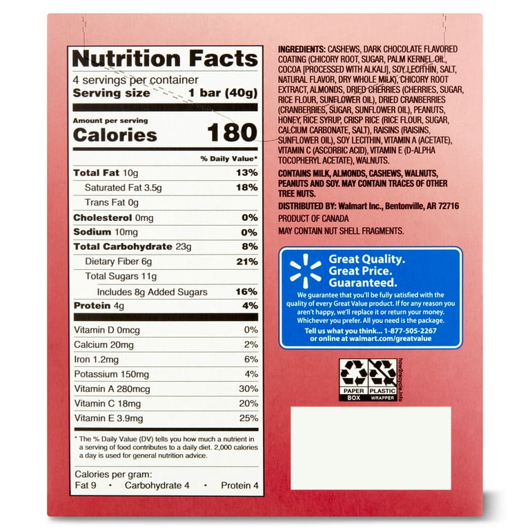 Great Value Cashew, Almond, Cherry, & Peanut Nut Bars with Cocoa