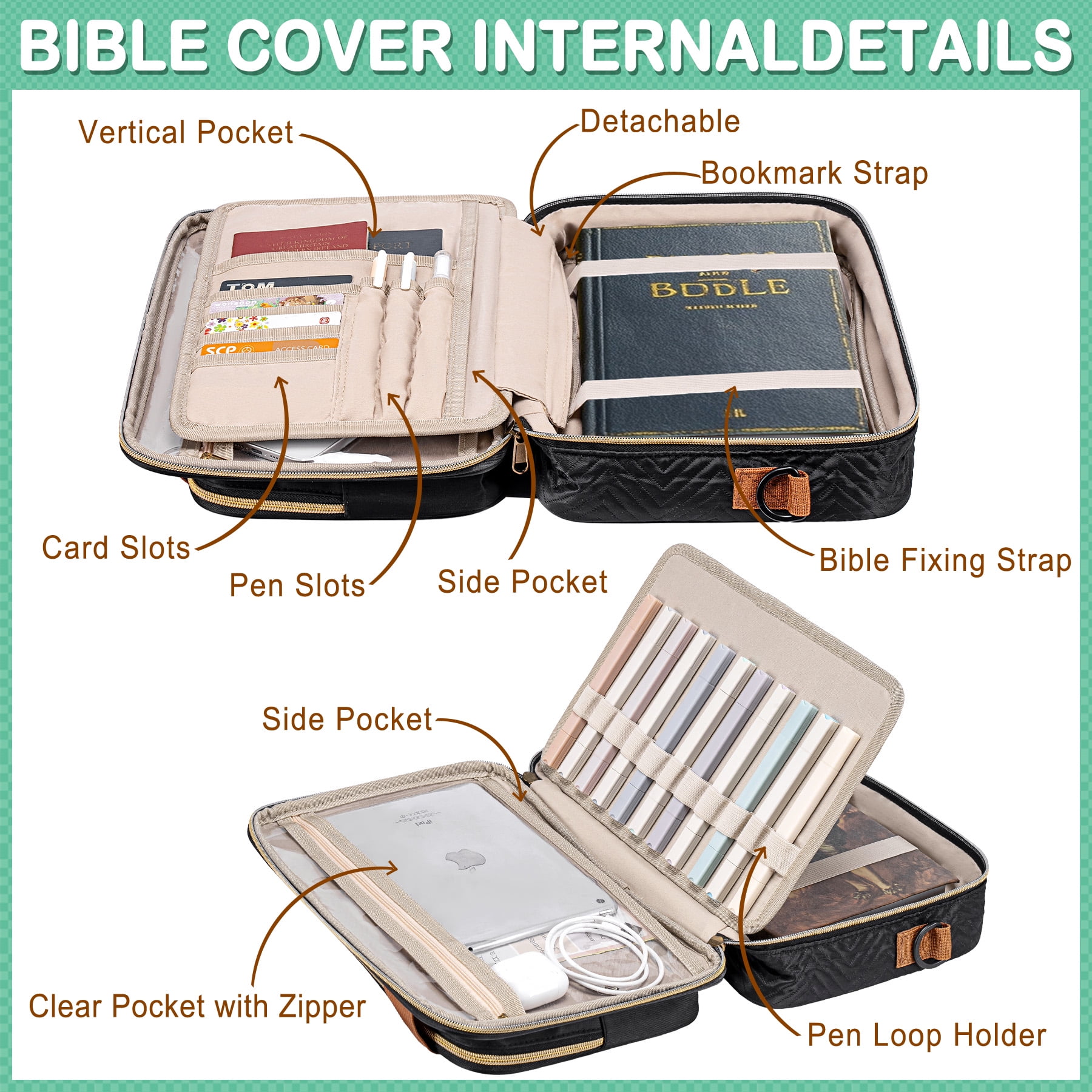 TuErCao Bible Cover Case for Women Men Bible Study Supplies Book Bag Christian Catholic Spiritual Gifts with Shoulder Strap