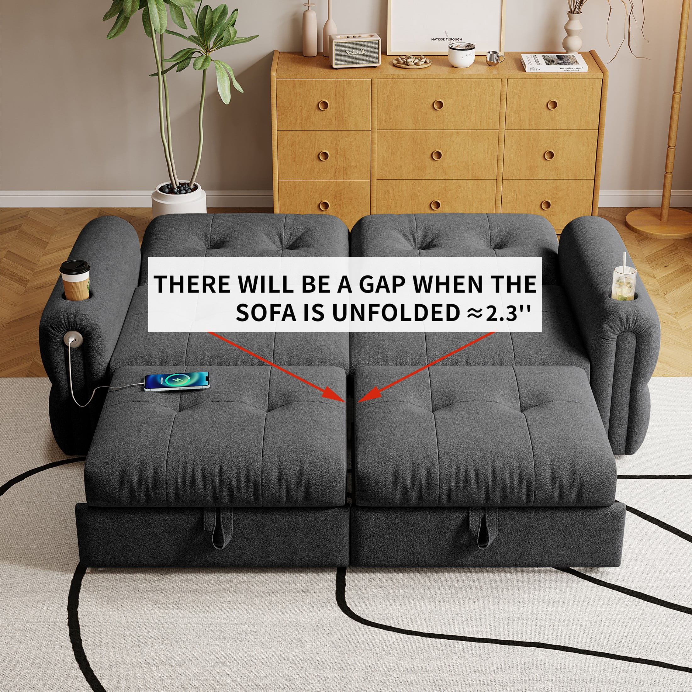 77" Queen Size Sofa Bed, Loveseat Sleeper Sofa with Pull Out Bed and USB, 2 Seater Convertible Small Couch for Living Room Bedroom Apartment (Dark Grey, Chenille)