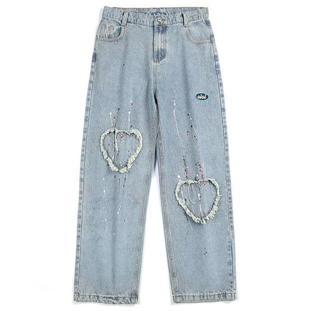 Street Splash Ink Jeans Hombres Pierna recta suelta Personalidad Pantalones viejos Amor Pantalones de pierna recta Pompotops oipoqjl23888