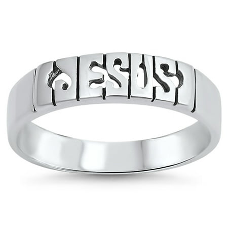 Jesus Script Oxidized Cutout Word Christian Ring ( Sizes 5 6 7 8 9 10 11 12 ) Sterling Silver Band Rings by Sac Silver (Size