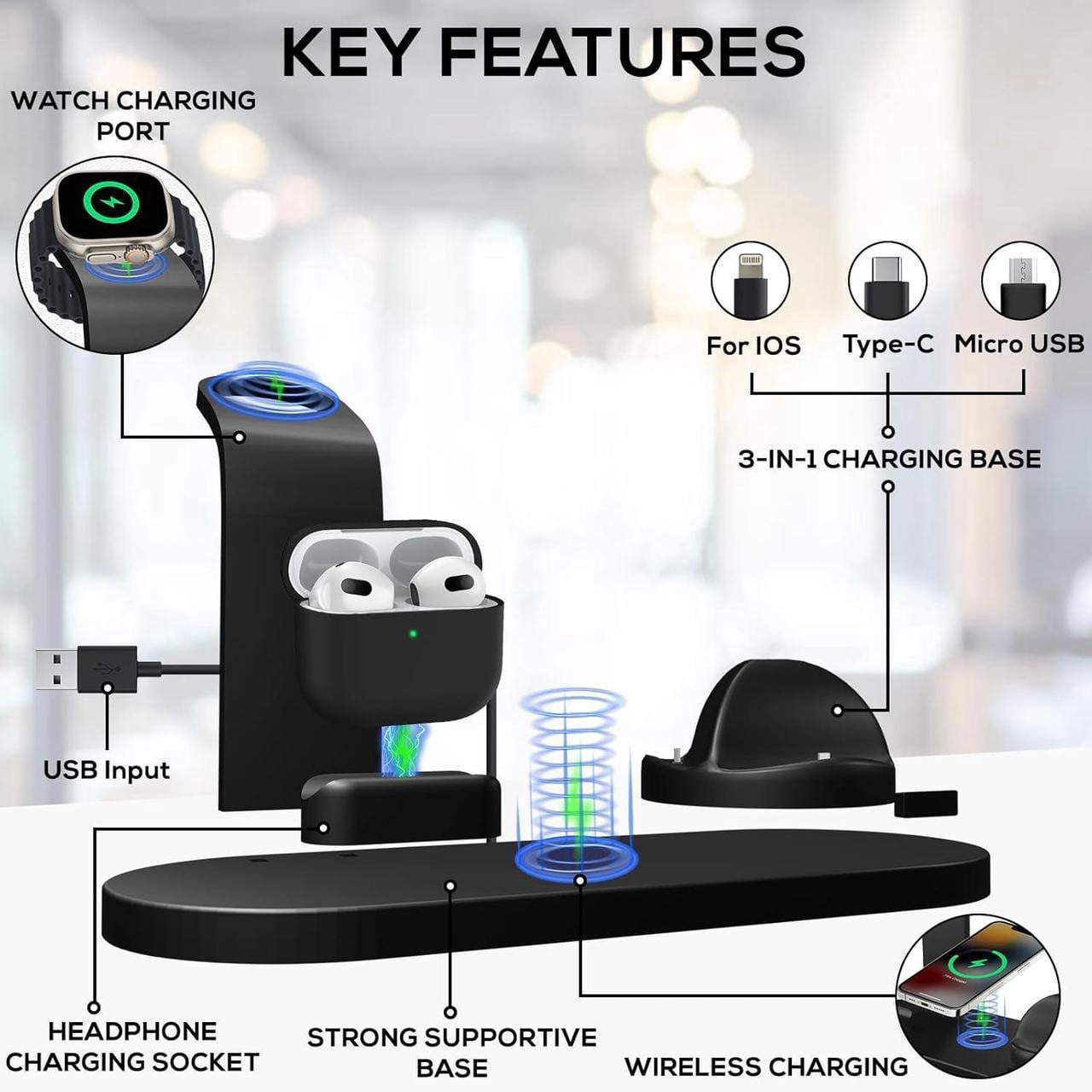 4 in 1 Wireless Charging Station for Smartwatches, Smartphones, Earbuds - 15W Fast Wireless Charger for Apple iPhone, iWatch, Airpod with Adapter & iWatch Charging Cable