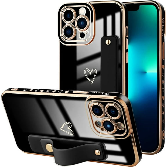 Compatible for iPhone 13 Pro Max Case with Strap Luxury Love Heart Plating Gold Bumper Phone Cover Adjustable Hand Strap Stand Holder, Full Body Protective Cases for Women (6.7inch)