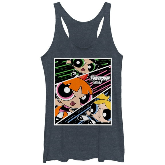 Women's The Powerpuff Girls Fighting Panels  Racerback Tank Top Navy Blue Heather Medium