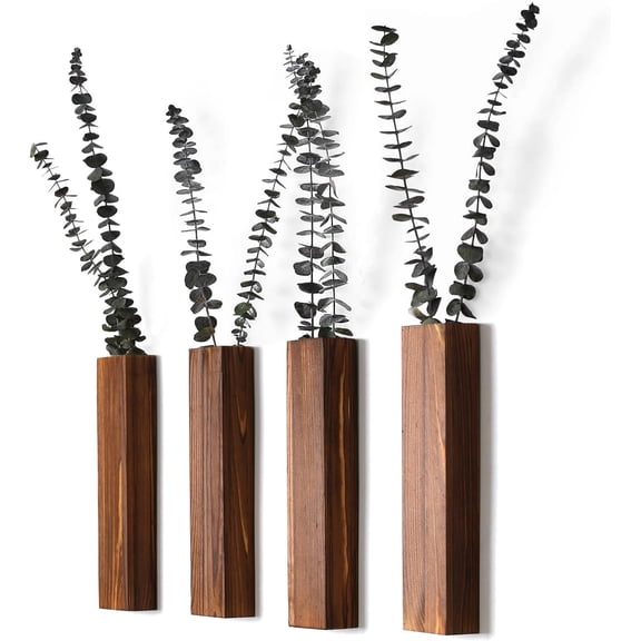 Wooden Wall Planter Set of 4 - Modern Home Decor for Living Room, Bedroom, Bathroom - Walnut Finish Planter for Dried Flowers, Faux Greenery, Indoor Plants