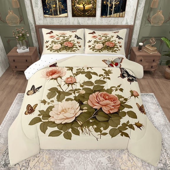 Feelyou Pink Floral Flower Bedding Comforter Set for Women, Rustic Butterfly Animal Twin Comforter Sets, Vintage Fashion Style Reversible Bedding Set, Microfiber Bedroom Decor, 2 Pieces