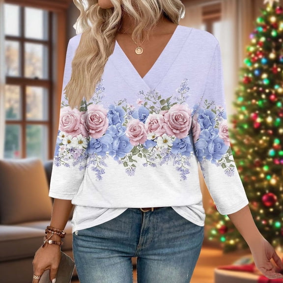 Jsaierl 3/4 Length Sleeve Tops for Women Summer V Neck Shirts Fashion Graphic Petite Blouses Soft Elegant T-shirts Top S-2XL