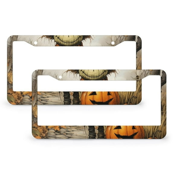 2 Pieces Autumn Scenery License Plate Frames Autumn Thanksgiving Pumpkin Licenses Plates Frames Front Licenses Plate Covers Car Tag Frame Aluminum Metal 2 Round Holes for Women