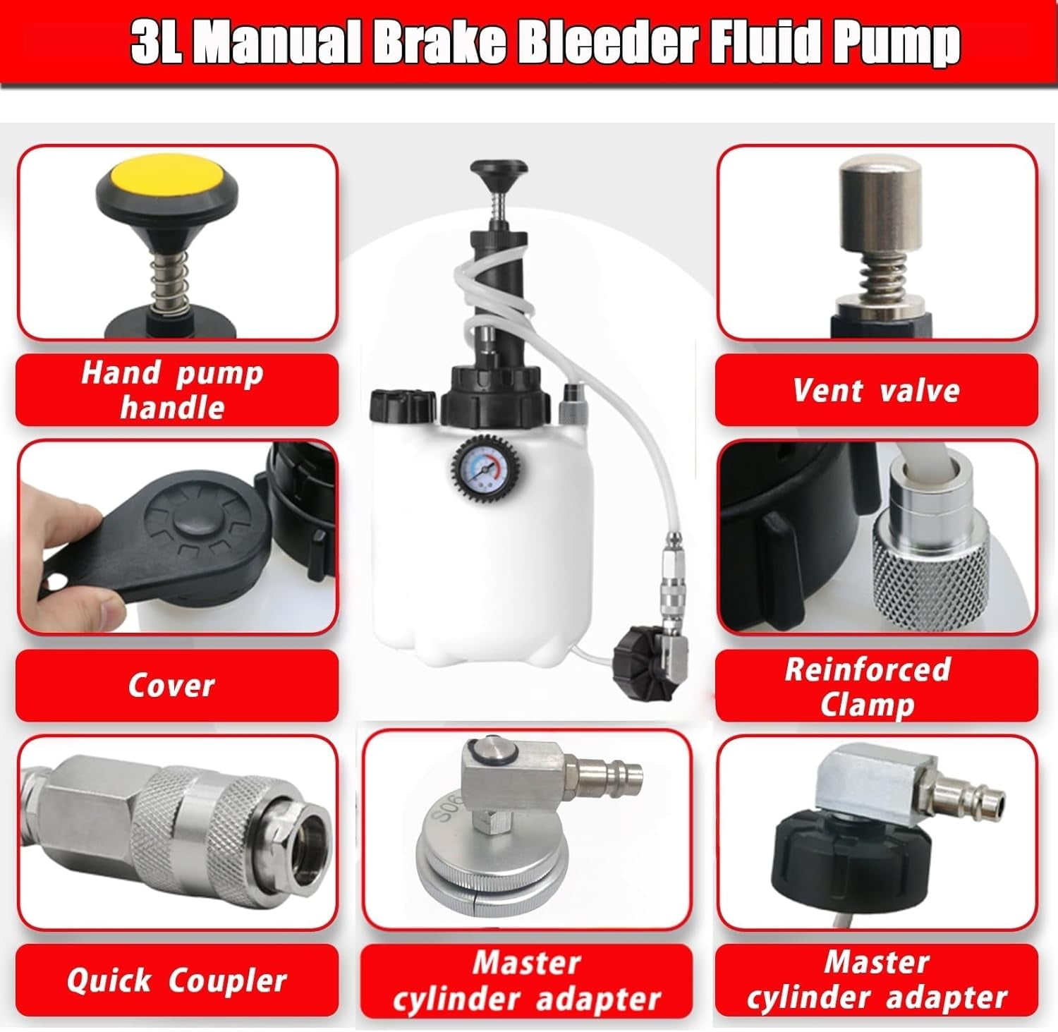 3L Manual Brake Bleeder Kit with Vacuum Pump – Compatible with Toyota & European Cars (Includes 1 Aluminum Adapter for Toyota + 2 Universal 45mm Caps + 150cm Hose + 1L Oil Bottle)