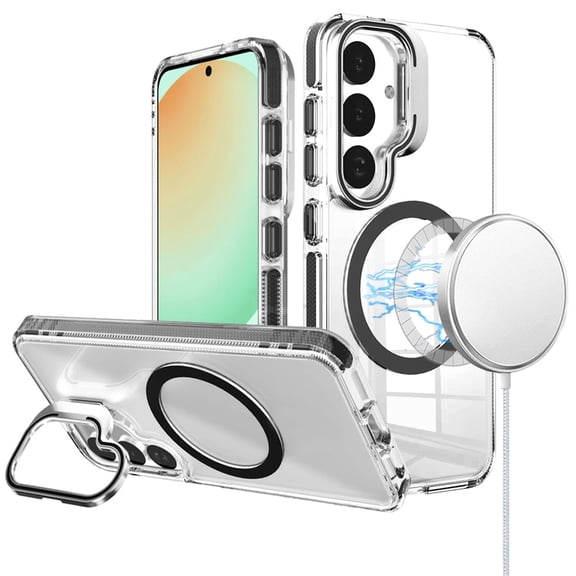 For Samsung Galaxy S25 Ultra Case, Built-in Camera Kick-Stand, Compatible with MagSafe, Transparent Colorful Edged Tough Hybrid TPU Phone Cover (Clear Black)