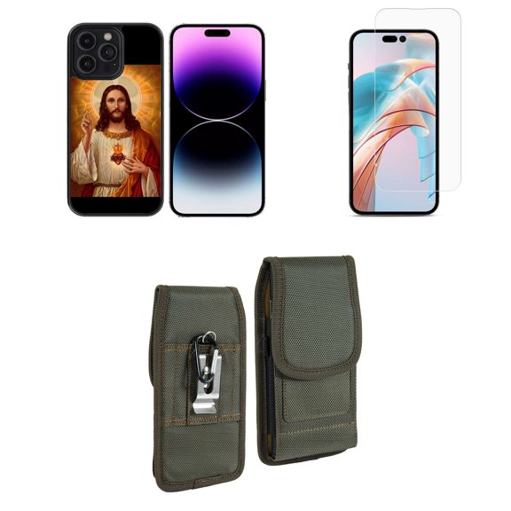 Bemz Phone Case for iPhone 15 Pro Max Bundle with Lightweight Shockproof Scratch Resistant UV Print Protective TPU Cover, Screen Protector, Vertical Rugged Nylon Belt Holster Pouch (Jesus Christ)