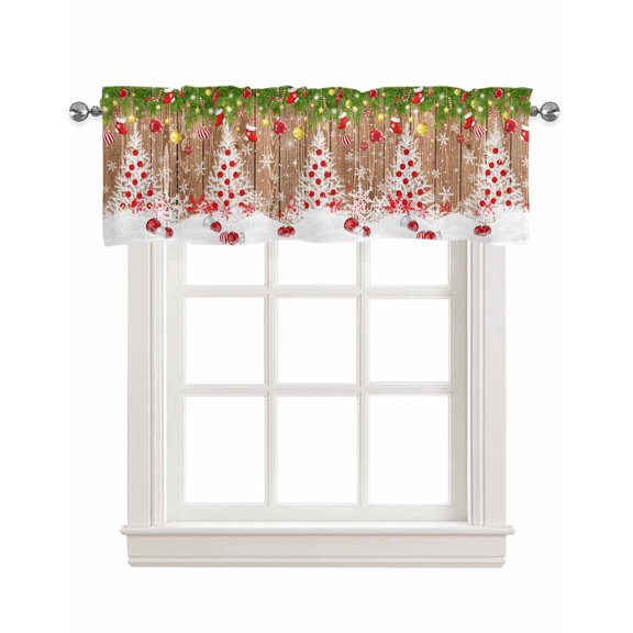 Faux Linen Valances for Windows Christmas Farmhouse Xmas Tree Red Ball Snowflake Wood Plank Curtains Valance Light Filtering Rod Pocket Small Window Treatment for Kitchen Living Room Bedroom 42x12In