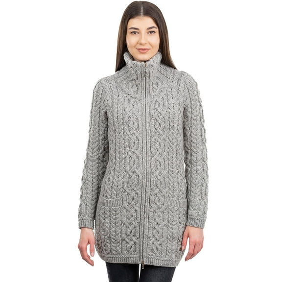 SAOL 100% Merino Wool Women's Aran Zip Cardigan Sweater Irish Cable Knit Outdoor Long Coat Jacket with Pockets