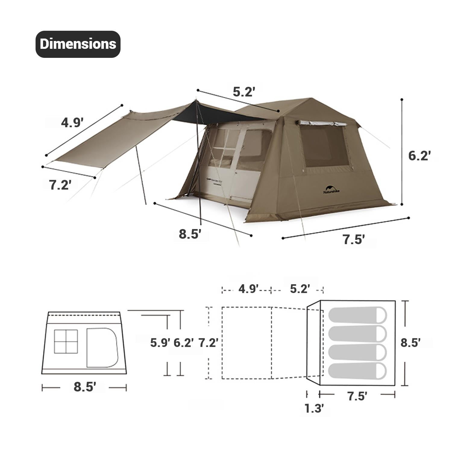 Naturehike, Family Camping Tent, Instant Setup Cabin Tent for 4 People with Rain fly, Quick-opening Family Tent with 1 Room, Outdoor Waterproof & Sun Protection Tent