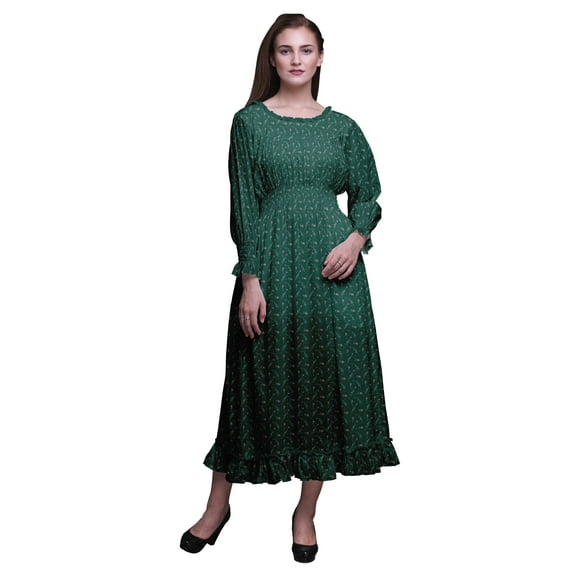 Bimba Leaves Women Long Sleeve Smocked Dress Round Neck Ruffle Summer Maxi-XXX-Large
