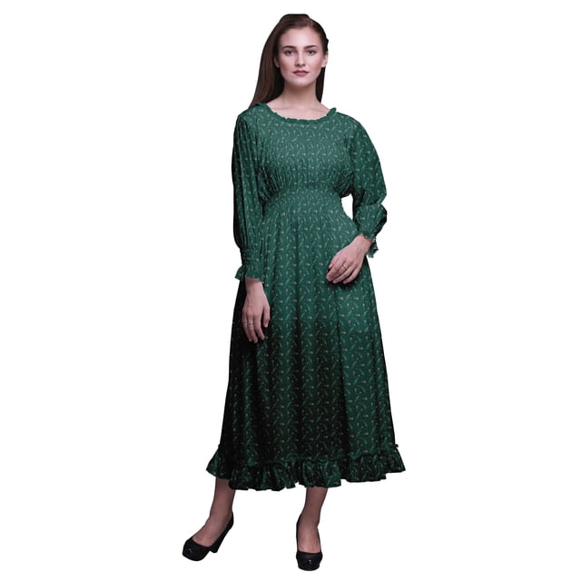 Bimba Robe Maxi à Volants pour Femmes, Manches Bishop, Col Rond, Taille Smockée - Petit