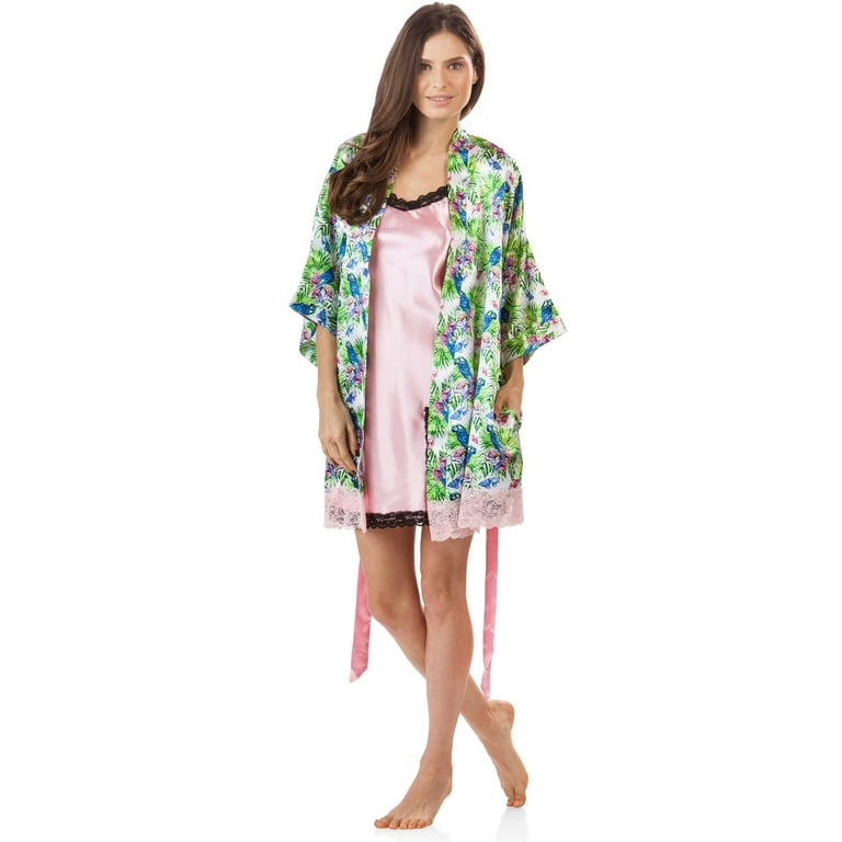 Ashford & Brooks Women's 2 Piece Satin Robe and Nightie Set - Tropical  Parrot/Pink - Small 