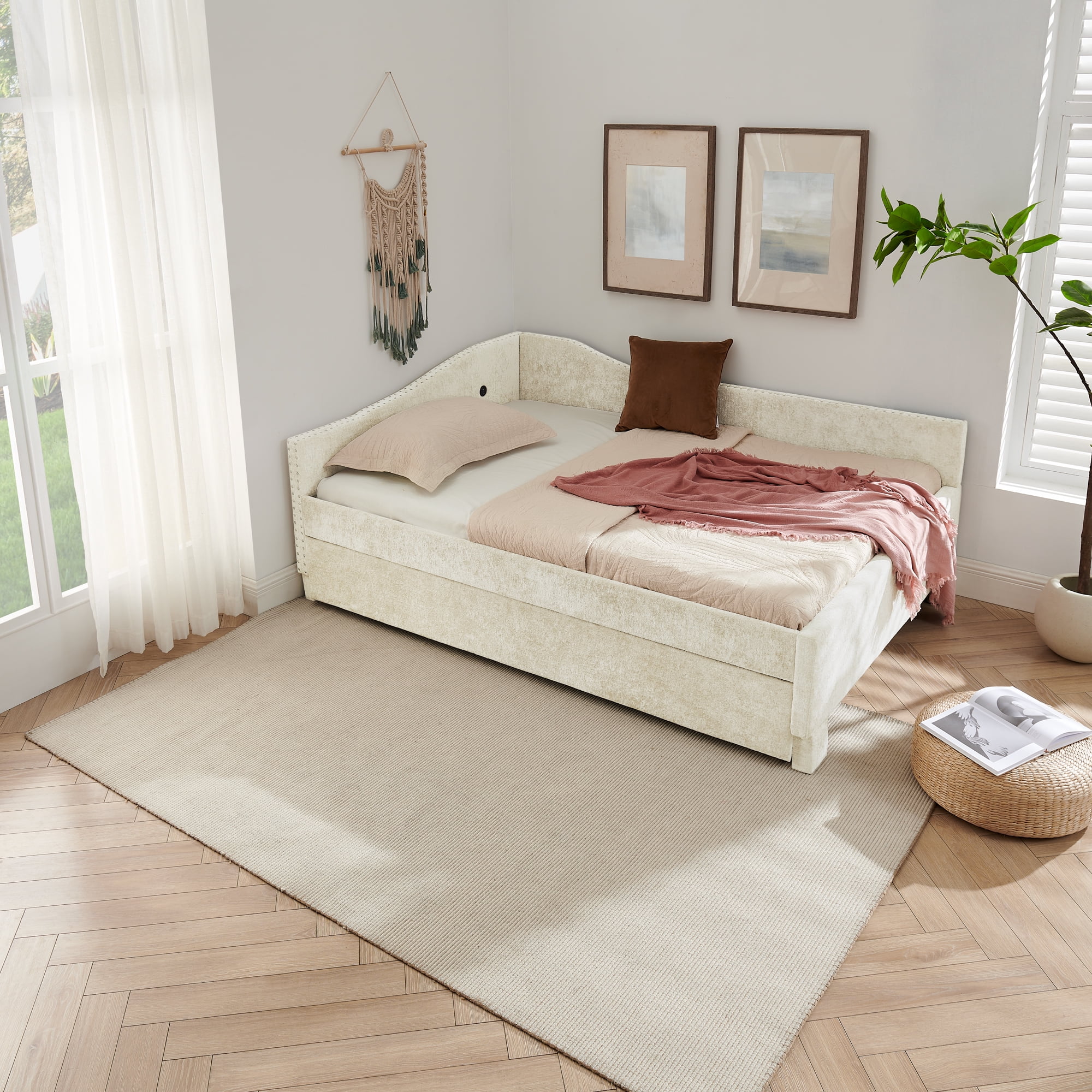 Full Size Daybed,Chenille Upholstered Daybed with Pull-Out Trundle & Built-In USB Charging Port,2-in-1 Space Saving Sofa Bed for Guest Room,Small Space,Beige