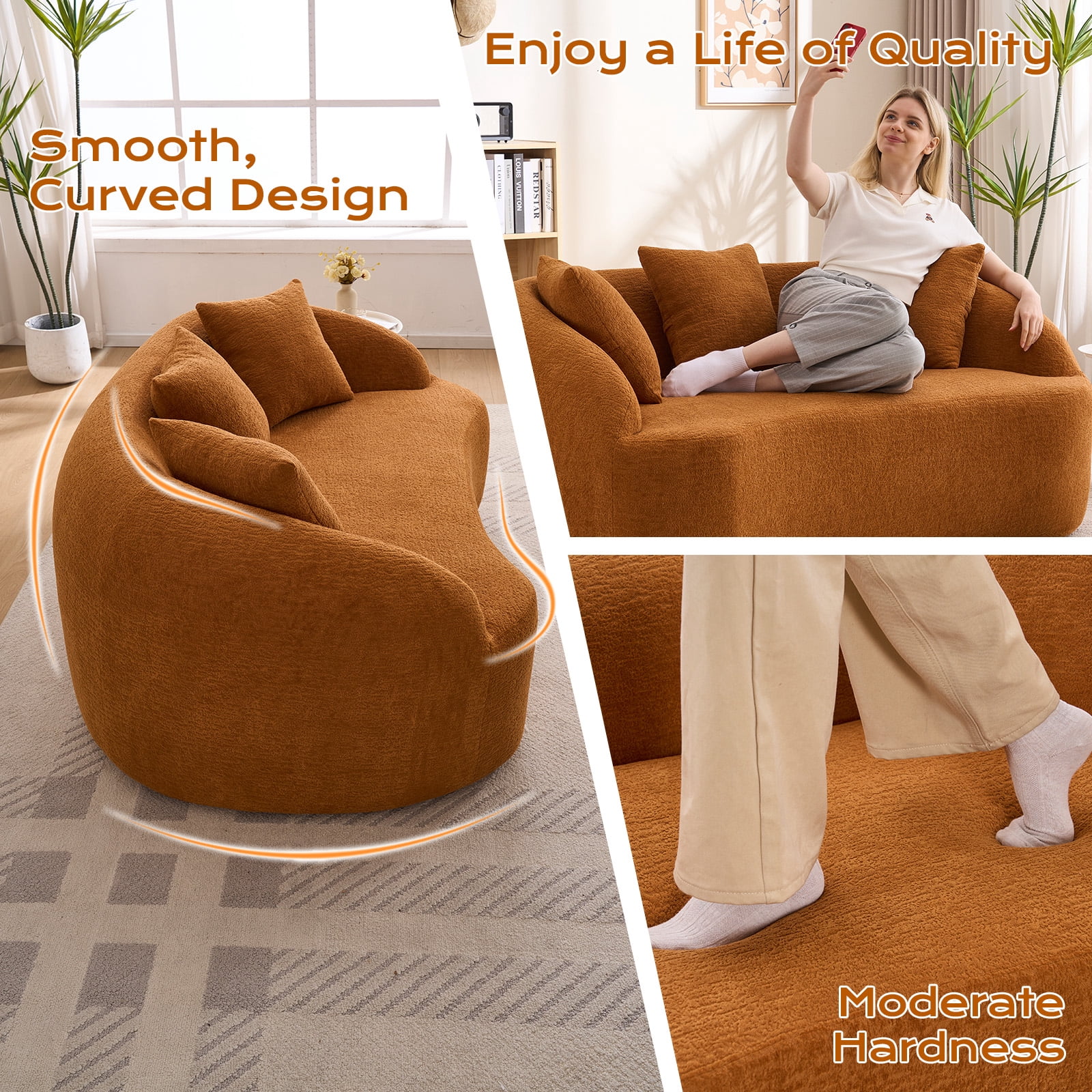 Lunale 66" Curved Sofa, 2 Seater Chenille Boneless Couch for Living Room, Orange