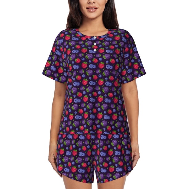 Fotbe Blackberries Conjunto de Pijama Estampado para Mujer, 2 Piezas, Ropa de Dormir con Camiseta de Manga Corta y Shorts Suaves-Large
