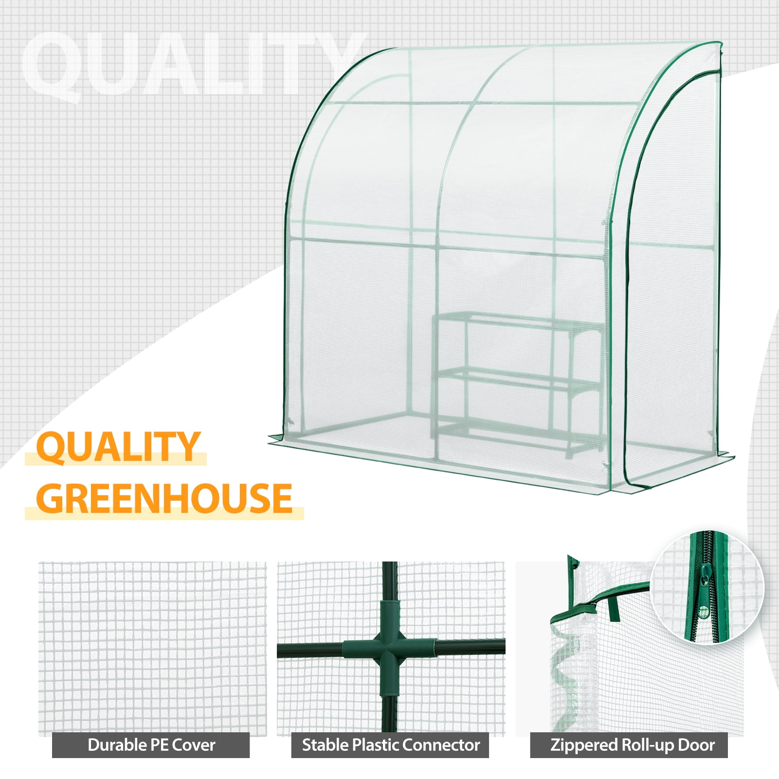 EAGLE PEAK 6.6 x 3.3 x 6.9ft Outdoor Lean to Walk-in Greenhouse with Shelf, Gardening Wall Green House with Roll-up Zipper Entry Doors, White