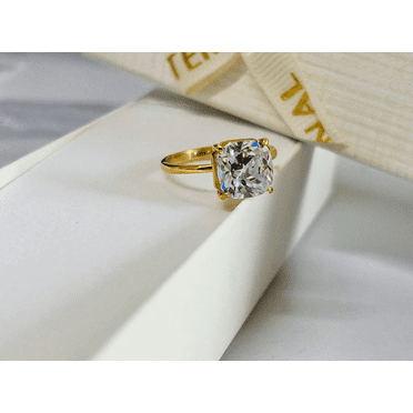 2CT Cushion Cut Solitaire Diamond Engagement Ring, 14K Yellow Gold Plated Classic Wedding Ring
