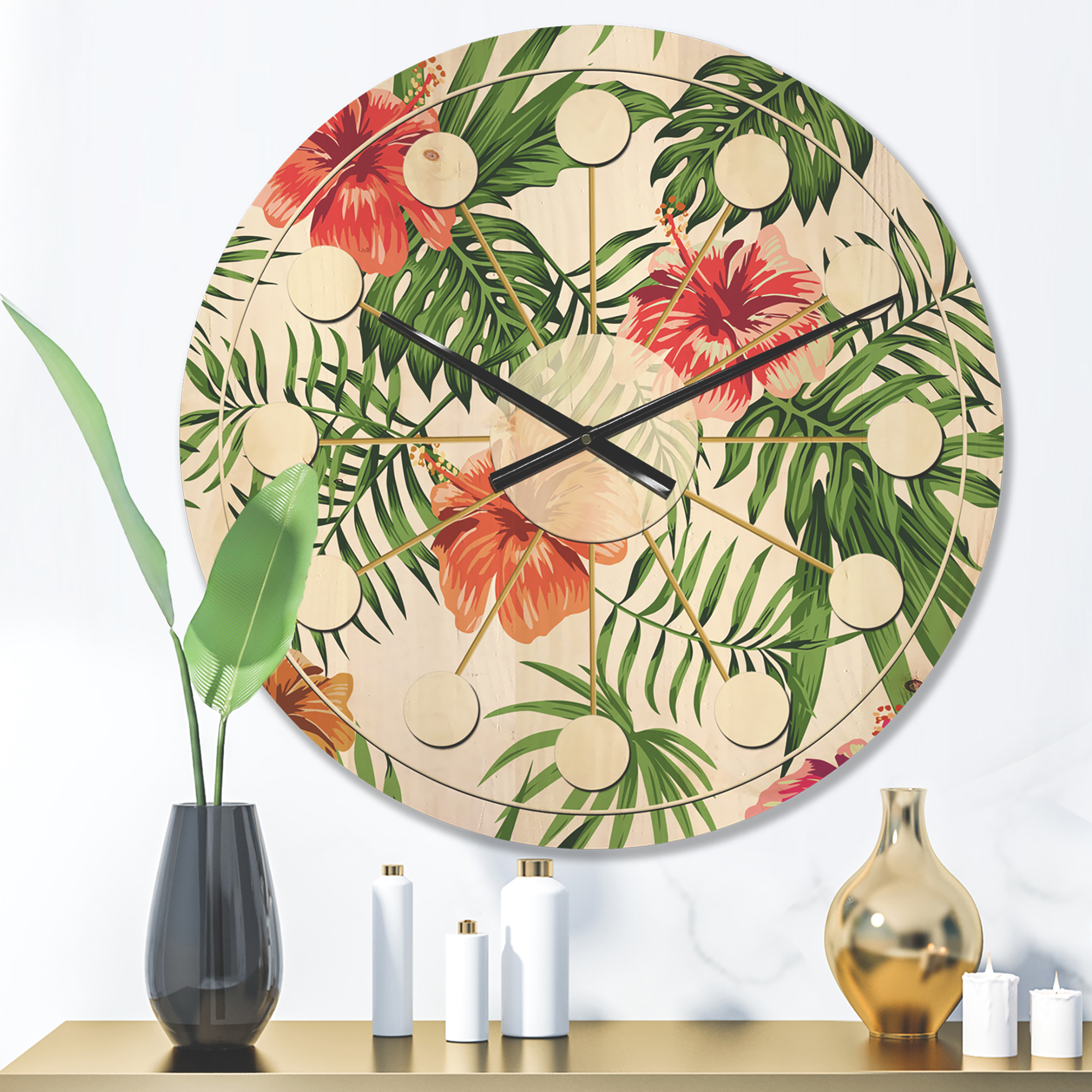 Designart 'Flowers and Tropical Botanicals II' Mid-Century Modern Wood Wall Clock