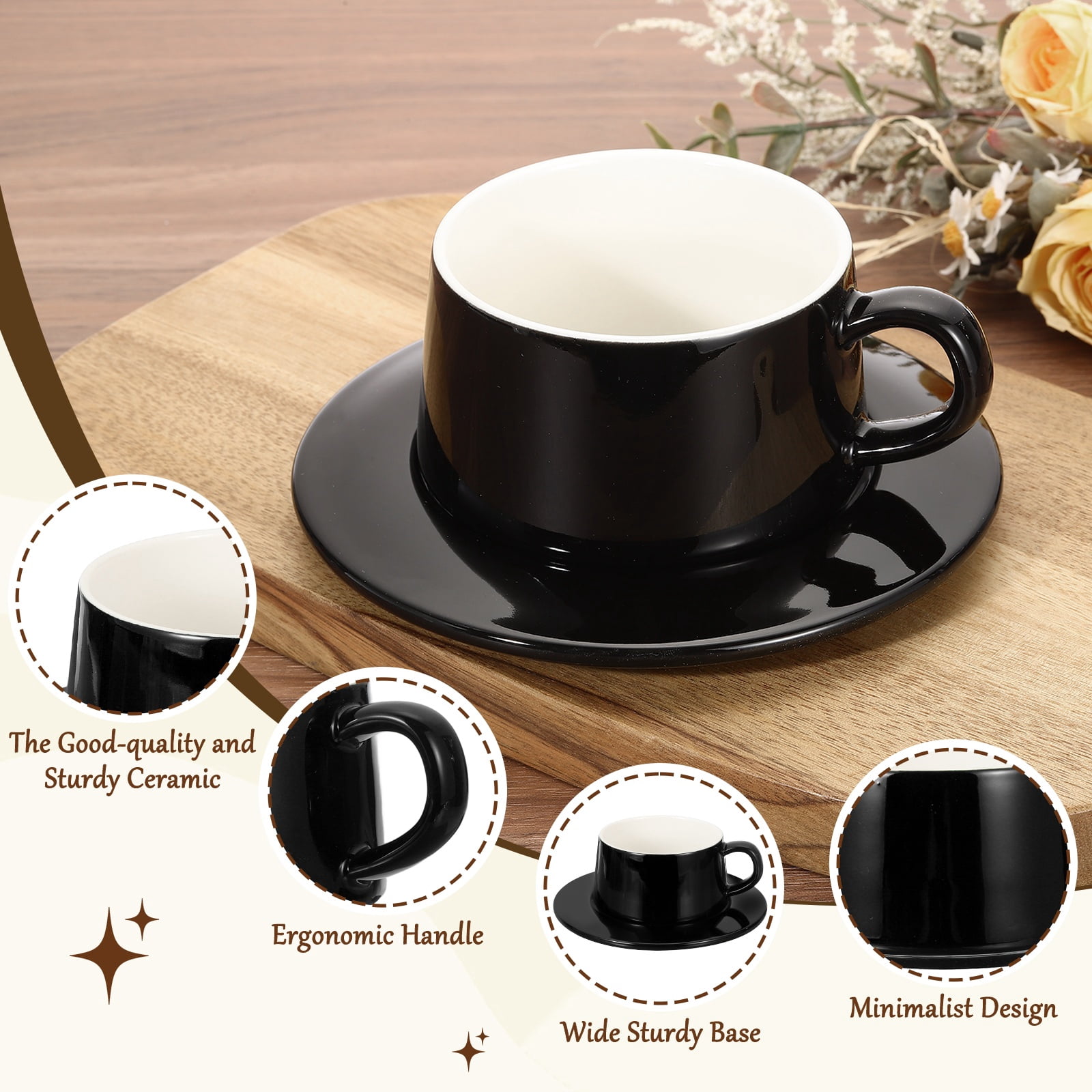 Uxcell 10oz Ceramic Coffee Mugs with Saucer Set, Creative Cute Cup with Handle Unique Irregular Design for Coffee Lovers Gift Tea Espresso Latte Kitchen Cafe Party, Dishwasher Black