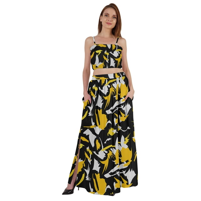 Bimba 2 Pcs Robe de Plage Aguichant pour Femmes Imprimée Smockée Crop Top & Longue Jupe Ensemble