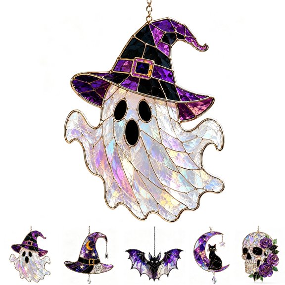 Halloween Witch Hat Ghost Hanging Ornament, Halloween Moonlight Witch Hat Ghost Window Hanging Sun Catcher, Halloween Decoration Indoor Outdoor for Home & Party, Gift