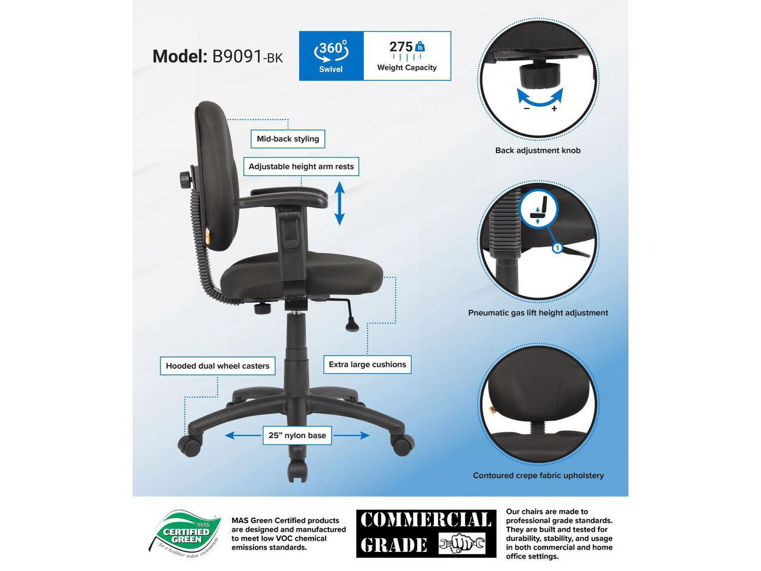 Boss Office Products Fabric Upholstered Wide Seat Office Swivel Chair with Arms in Black