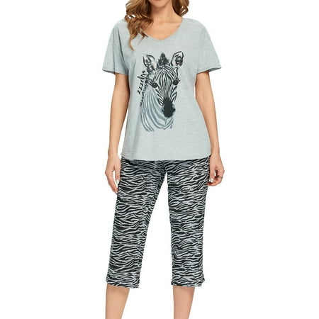 

Lu s Chic Women s Cute Pajama Set Cotton Capri Loungewear Soft Short Sleeve Pjs Comfy Pants Lounge Two Piece Patterned Print Sleepwear Stripe Large