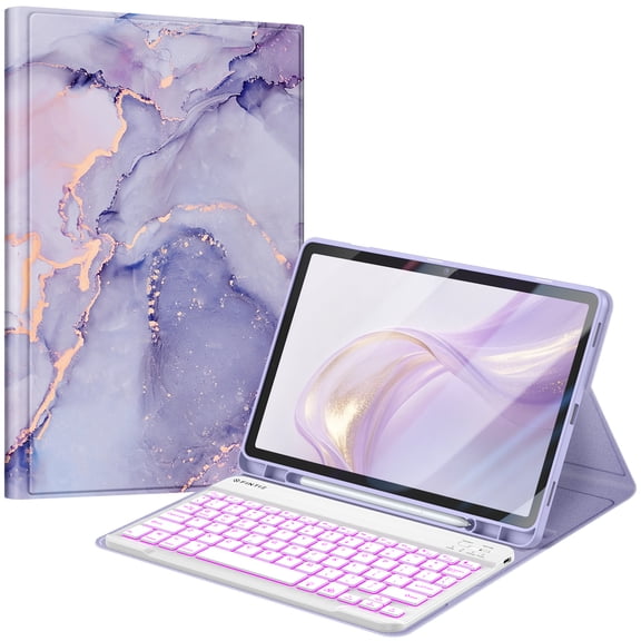 FINTIE Backlit Keyboard Case for Samsung Galaxy Tab S10 Lite/ S10 FE/ S9 FE 5G 10.9 Inch/Tab S9 11 Inch, Detachable 7-Color Backlight Bluetooth Keyboard Protective Stand Cover, Lilac Marble