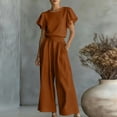 thumbnail image 6 of Dvprdro Crewneck Ruffle Sleeve Top and High Waist Wide Leg Pants Set for Women Elastic Waist Summer Casual, 6 of 7