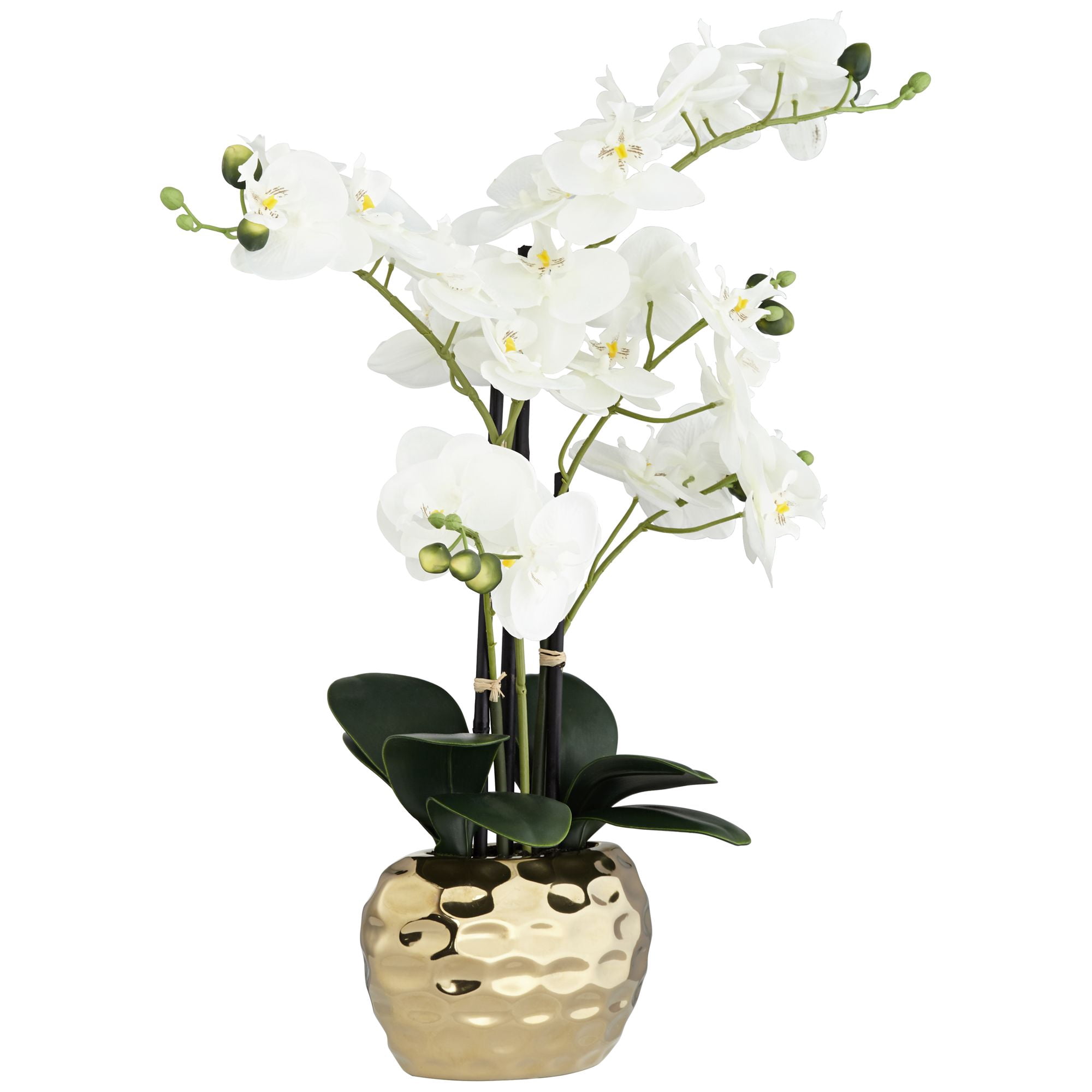 Dahlia Studios Potted Faux Artificial Flowers Realistic White Phalaenopsis Orchid in Gold Ceramic Pot Home Decoration 23" High