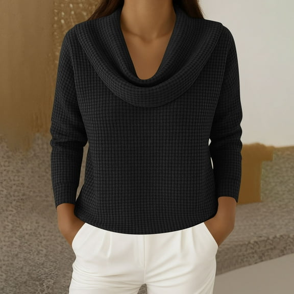 Qulqfy Womens Sweatshirts Trendy Tunic Plus Size Waffle Knit Black Cowl Neck Sweatshirt Spring Long Sleeve Fall Shirts Going Out Tops for Women 4XL
