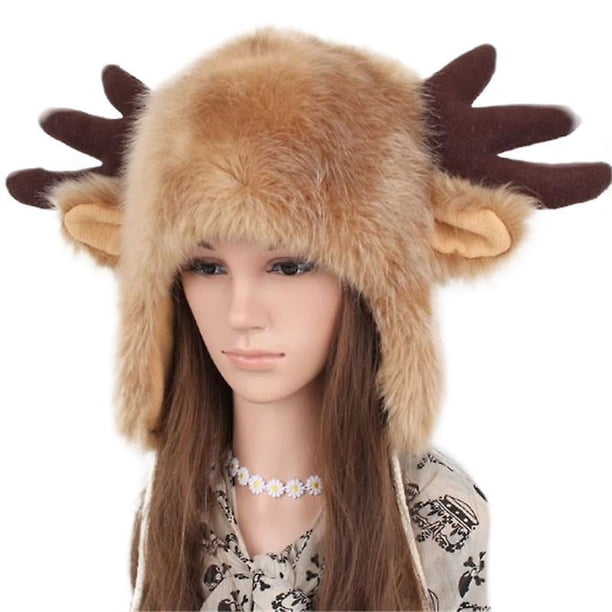 Sombrero de cuerno de alce navideño de piel sintética, calentador esponjoso de felpa, gorros con orejeras para invierno, gorra de cazador, sombreros rusos a prueba de viento para exteriores, NEGRO